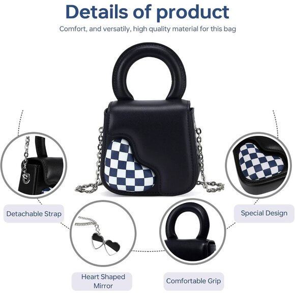 Women Leather Heart-Shape Top-Handle Handbag with Mirror & Chain Strap - Picture 3 of 6